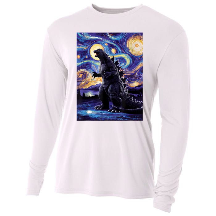 Retro Japanese Kaiju Monster Starry Night Parody Cooling Performance Long Sleeve Crew