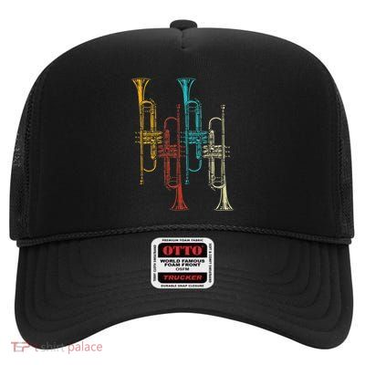 Retro Jazz Music Trumpeter Gifts Trumpet High Crown Mesh Back Trucker Hat