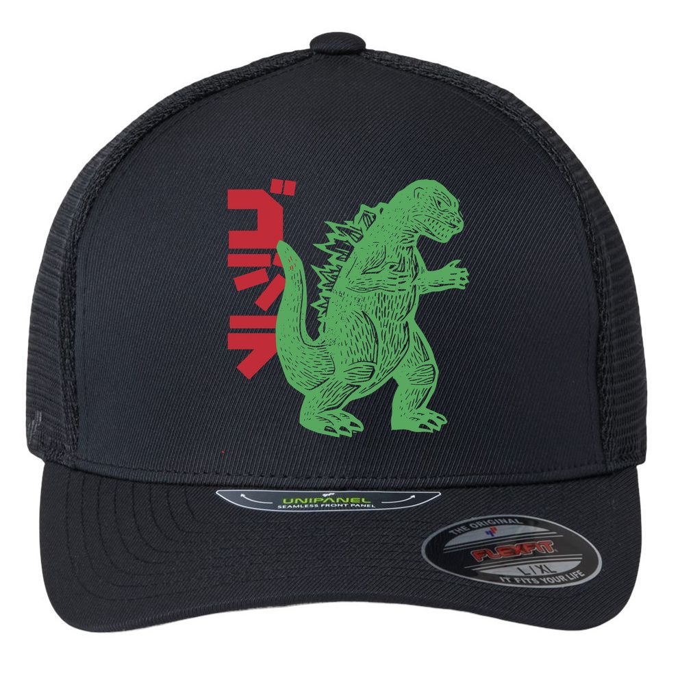 Retro Japanese Monster Movie Inspired Flexfit Unipanel Trucker Cap