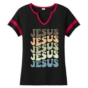 Retro Jesus Name Christian Faith Ladies Halftime Notch Neck Tee