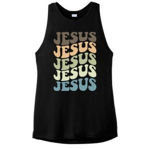 Retro Jesus Name Christian Faith Ladies PosiCharge Tri-Blend Wicking Tank