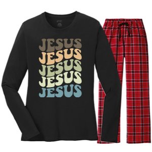 Retro Jesus Name Christian Faith Women's Long Sleeve Flannel Pajama Set 