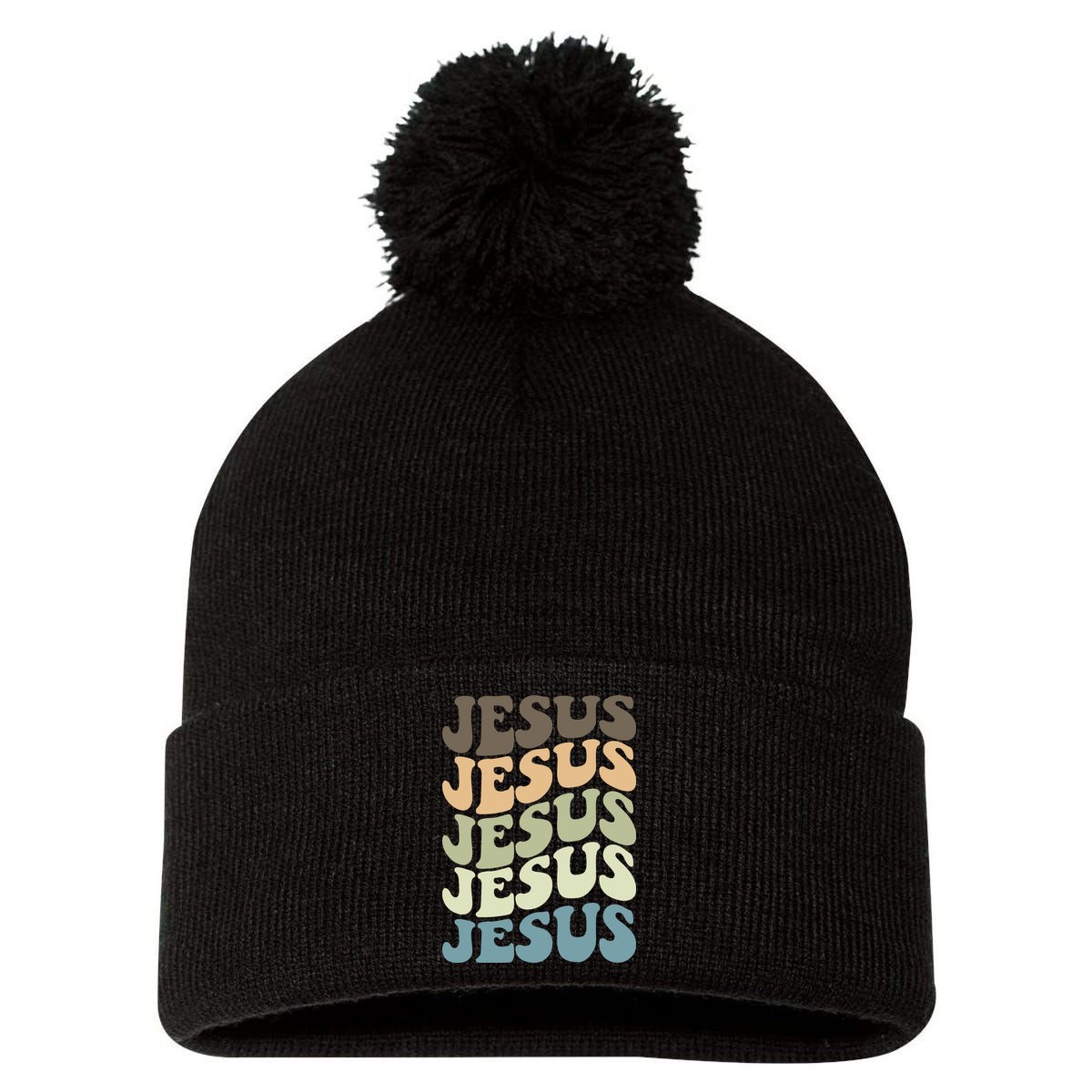 Retro Jesus Name Christian Faith Pom Pom 12in Knit Beanie