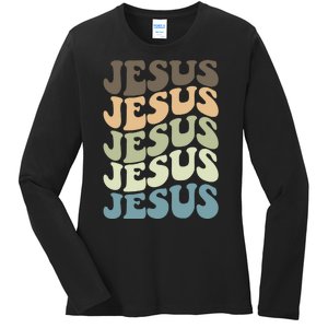 Retro Jesus Name Christian Faith Ladies Long Sleeve Shirt