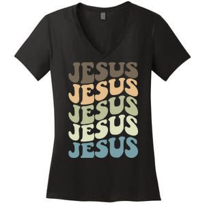 Retro Jesus Name Christian Faith Women's V-Neck T-Shirt