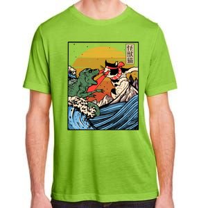 Retro Japanese Reptile Monster Vs Cat Monster Great Wave Adult ChromaSoft Performance T-Shirt