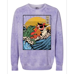 Retro Japanese Reptile Monster Vs Cat Monster Great Wave Colorblast Crewneck Sweatshirt