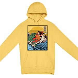 Retro Japanese Reptile Monster Vs Cat Monster Great Wave Premium Pullover Hoodie