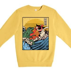 Retro Japanese Reptile Monster Vs Cat Monster Great Wave Premium Crewneck Sweatshirt