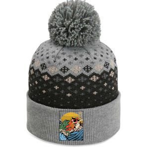 Retro Japanese Reptile Monster Vs Cat Monster Great Wave The Baniff Cuffed Pom Beanie