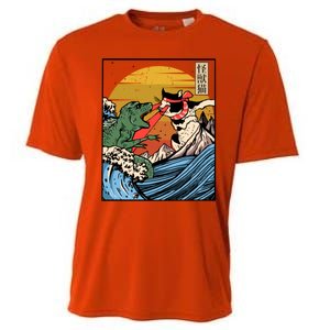 Retro Japanese Reptile Monster Vs Cat Monster Great Wave Cooling Performance Crew T-Shirt