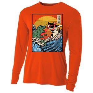 Retro Japanese Reptile Monster Vs Cat Monster Great Wave Cooling Performance Long Sleeve Crew