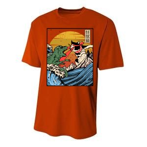 Retro Japanese Reptile Monster Vs Cat Monster Great Wave Performance Sprint T-Shirt