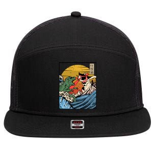 Retro Japanese Reptile Monster Vs Cat Monster Great Wave 7 Panel Mesh Trucker Snapback Hat