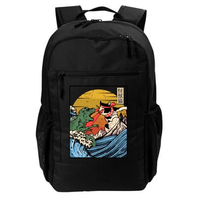 Retro Japanese Reptile Monster Vs Cat Monster Great Wave Daily Commute Backpack