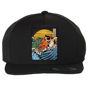 Retro Japanese Reptile Monster Vs Cat Monster Great Wave Wool Snapback Cap