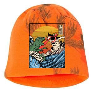 Retro Japanese Reptile Monster Vs Cat Monster Great Wave Kati - Camo Knit Beanie