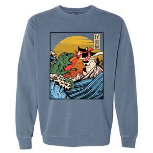 Retro Japanese Reptile Monster Vs Cat Monster Great Wave Garment-Dyed Sweatshirt