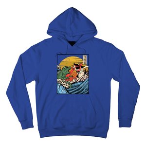 Retro Japanese Reptile Monster Vs Cat Monster Great Wave Hoodie