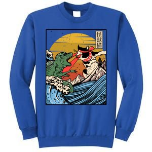 Retro Japanese Reptile Monster Vs Cat Monster Great Wave Sweatshirt