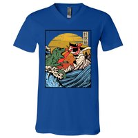 Retro Japanese Reptile Monster Vs Cat Monster Great Wave V-Neck T-Shirt