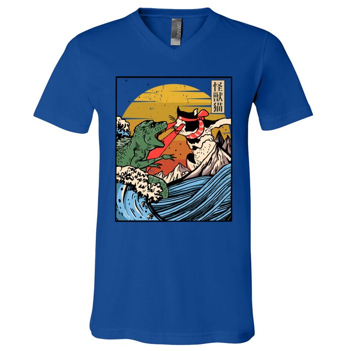 Retro Japanese Reptile Monster Vs Cat Monster Great Wave V-Neck T-Shirt