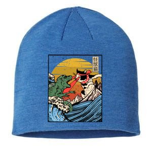 Retro Japanese Reptile Monster Vs Cat Monster Great Wave Sustainable Beanie