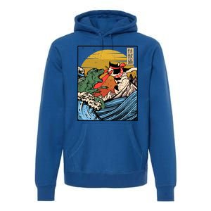 Retro Japanese Reptile Monster Vs Cat Monster Great Wave Premium Hoodie