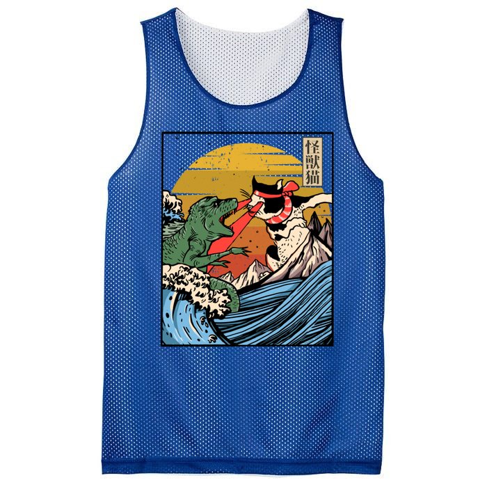 Retro Japanese Reptile Monster Vs Cat Monster Great Wave Mesh Reversible Basketball Jersey Tank