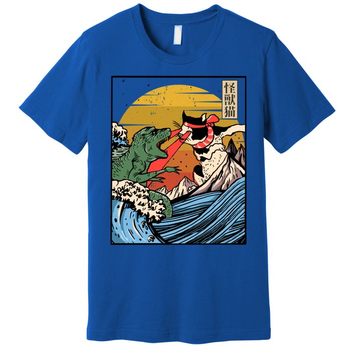 Retro Japanese Reptile Monster Vs Cat Monster Great Wave Premium T-Shirt