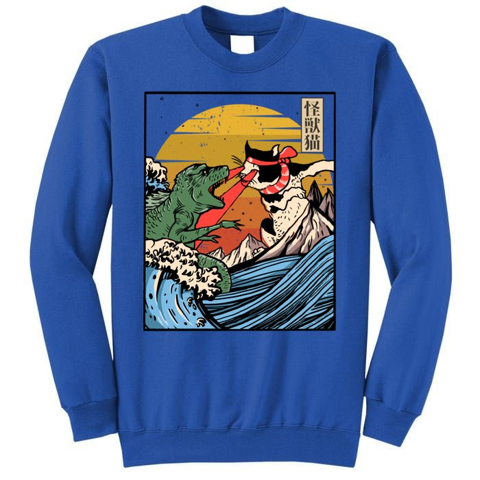 Retro Japanese Reptile Monster Vs Cat Monster Great Wave Tall Sweatshirt