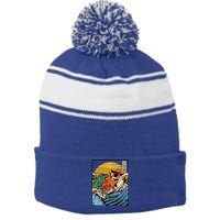 Retro Japanese Reptile Monster Vs Cat Monster Great Wave Stripe Pom Pom Beanie