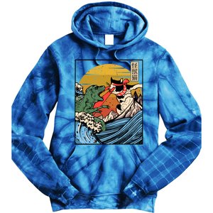 Retro Japanese Reptile Monster Vs Cat Monster Great Wave Tie Dye Hoodie