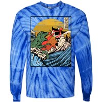 Retro Japanese Reptile Monster Vs Cat Monster Great Wave Tie-Dye Long Sleeve Shirt