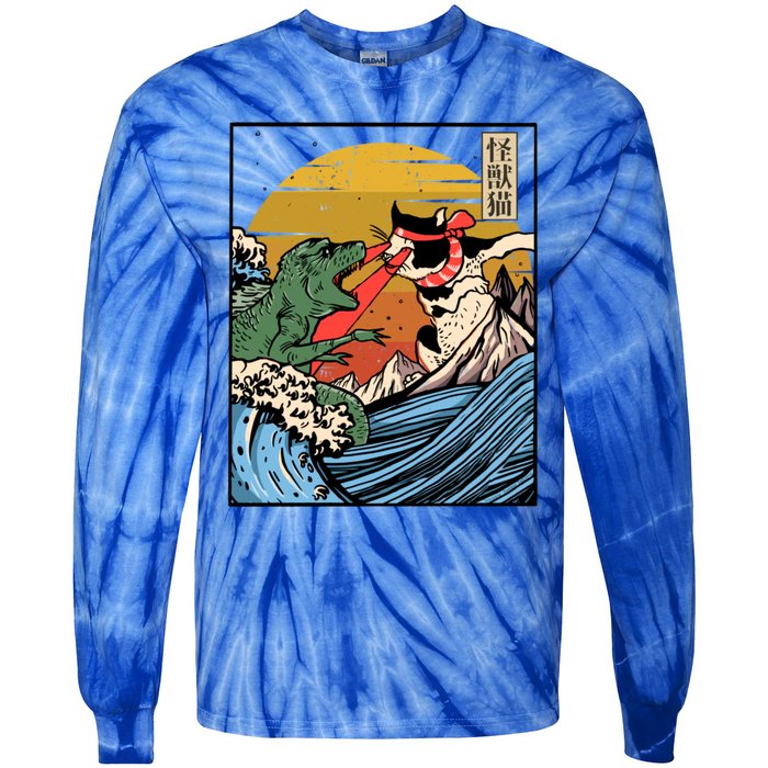 Retro Japanese Reptile Monster Vs Cat Monster Great Wave Tie-Dye Long Sleeve Shirt