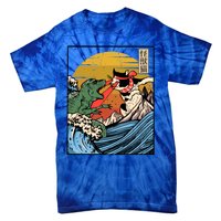 Retro Japanese Reptile Monster Vs Cat Monster Great Wave Tie-Dye T-Shirt