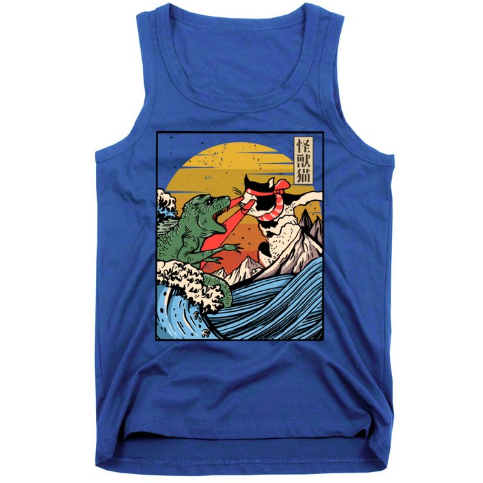 Retro Japanese Reptile Monster Vs Cat Monster Great Wave Tank Top