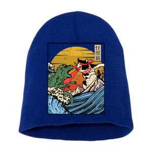 Retro Japanese Reptile Monster Vs Cat Monster Great Wave Short Acrylic Beanie