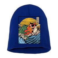 Retro Japanese Reptile Monster Vs Cat Monster Great Wave Short Acrylic Beanie