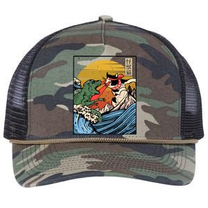 Retro Japanese Reptile Monster Vs Cat Monster Great Wave Retro Rope Trucker Hat Cap