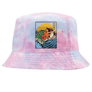 Retro Japanese Reptile Monster Vs Cat Monster Great Wave Tie-Dyed Bucket Hat