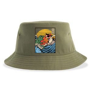 Retro Japanese Reptile Monster Vs Cat Monster Great Wave Sustainable Bucket Hat