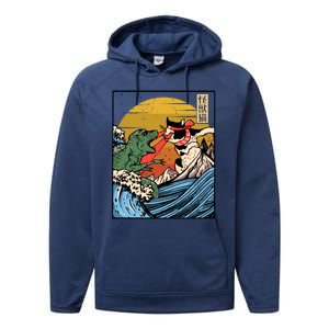 Retro Japanese Reptile Monster Vs Cat Monster Great Wave Performance Fleece Hoodie