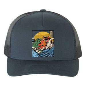 Retro Japanese Reptile Monster Vs Cat Monster Great Wave Yupoong Adult 5-Panel Trucker Hat