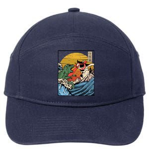 Retro Japanese Reptile Monster Vs Cat Monster Great Wave 7-Panel Snapback Hat