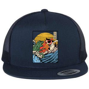 Retro Japanese Reptile Monster Vs Cat Monster Great Wave Flat Bill Trucker Hat