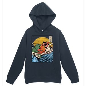 Retro Japanese Reptile Monster Vs Cat Monster Great Wave Urban Pullover Hoodie