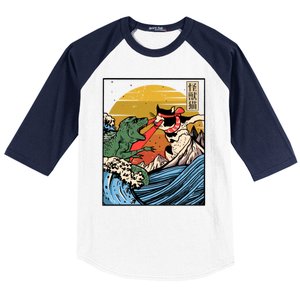 Retro Japanese Reptile Monster Vs Cat Monster Great Wave Baseball Sleeve Shirt