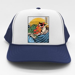 Retro Japanese Reptile Monster Vs Cat Monster Great Wave Trucker Hat