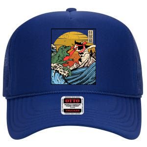 Retro Japanese Reptile Monster Vs Cat Monster Great Wave High Crown Mesh Back Trucker Hat